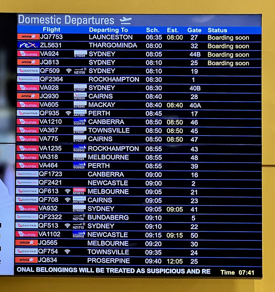 An airport departure board